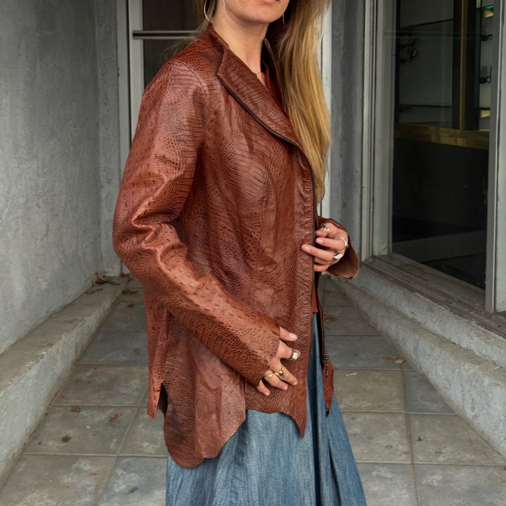 Custom Genuine Alligator Leather Jacket – Asymmetrical Hem – Full Zip – M